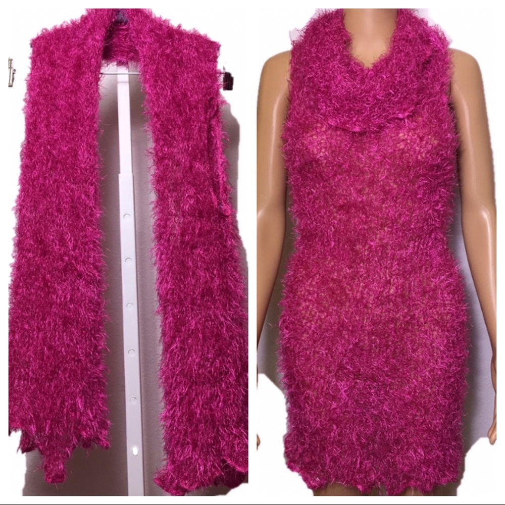 Fluffy Knit Scarf Convertible To Sleeveless Dress
